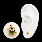 Low-Profile Cut-Out Back Land Turtle with Emerald CZ Gem Threadless Earring / Nosering – 24Kt Gold PVD Titanium
