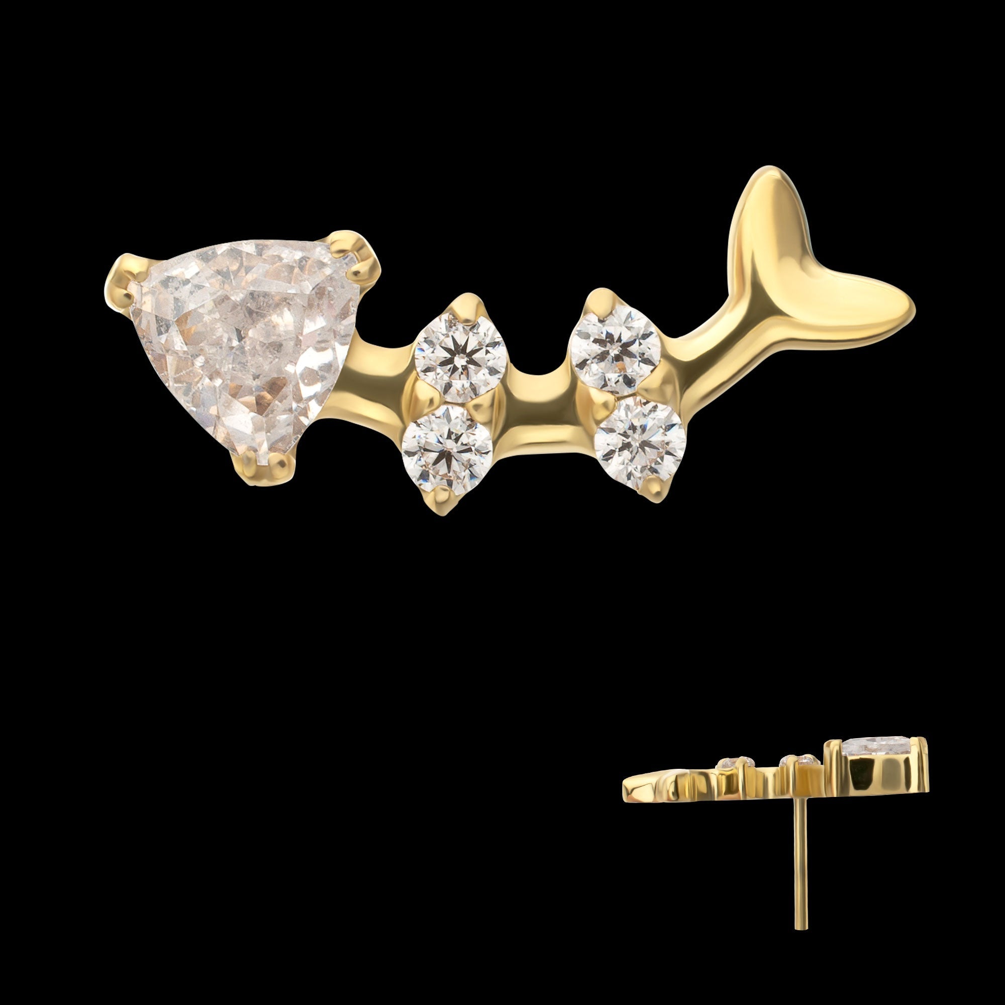 Low-Profile Fishbone with Prong-Set Gem Threadless Earring / Nosering – 24Kt Gold PVD Titanium