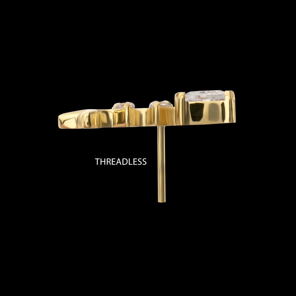 Low-Profile Fishbone with Prong-Set Gem Threadless Earring / Nosering – 24Kt Gold PVD Titanium