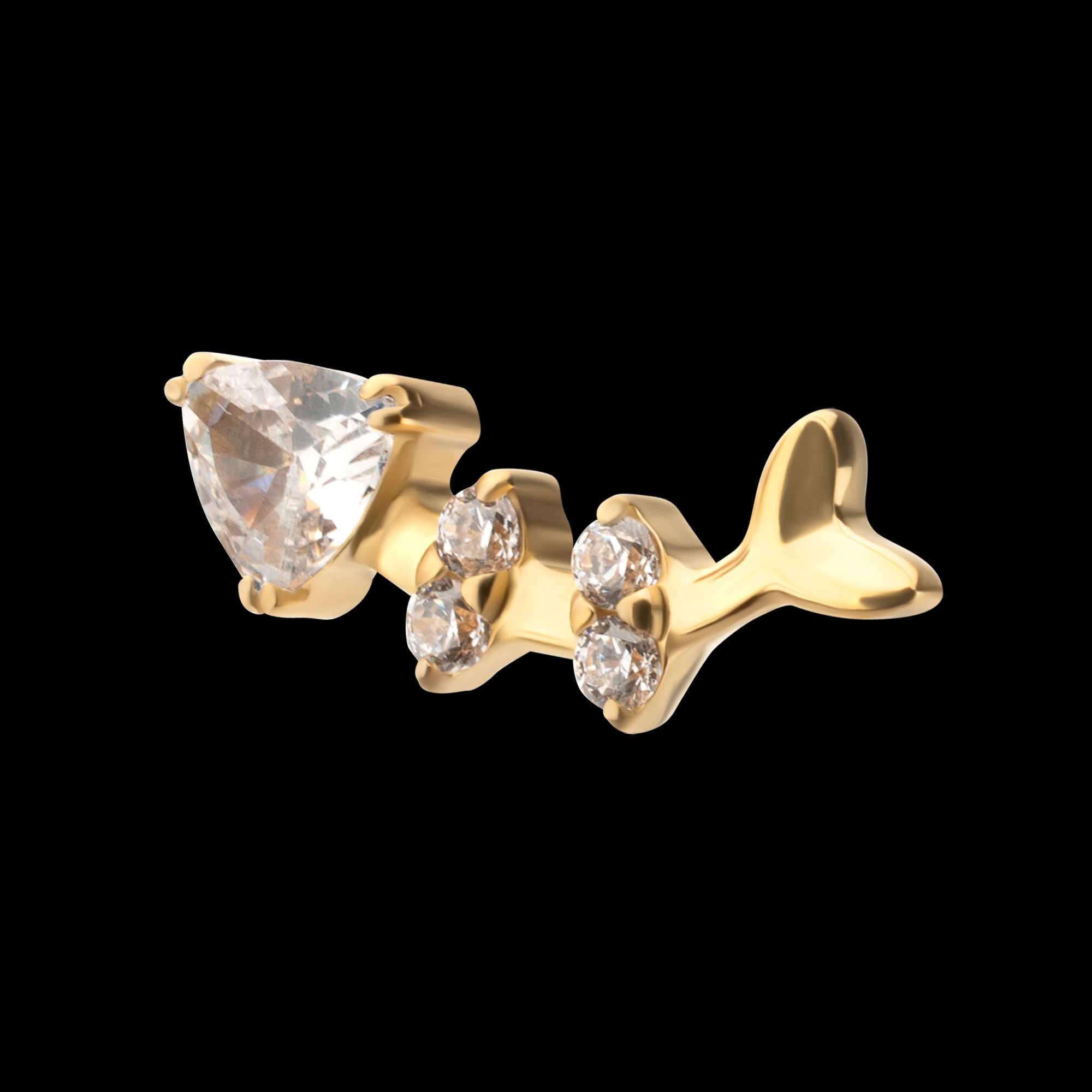 Low-Profile Fishbone with Prong-Set Gem Threadless Earring / Nosering – 24Kt Gold PVD Titanium