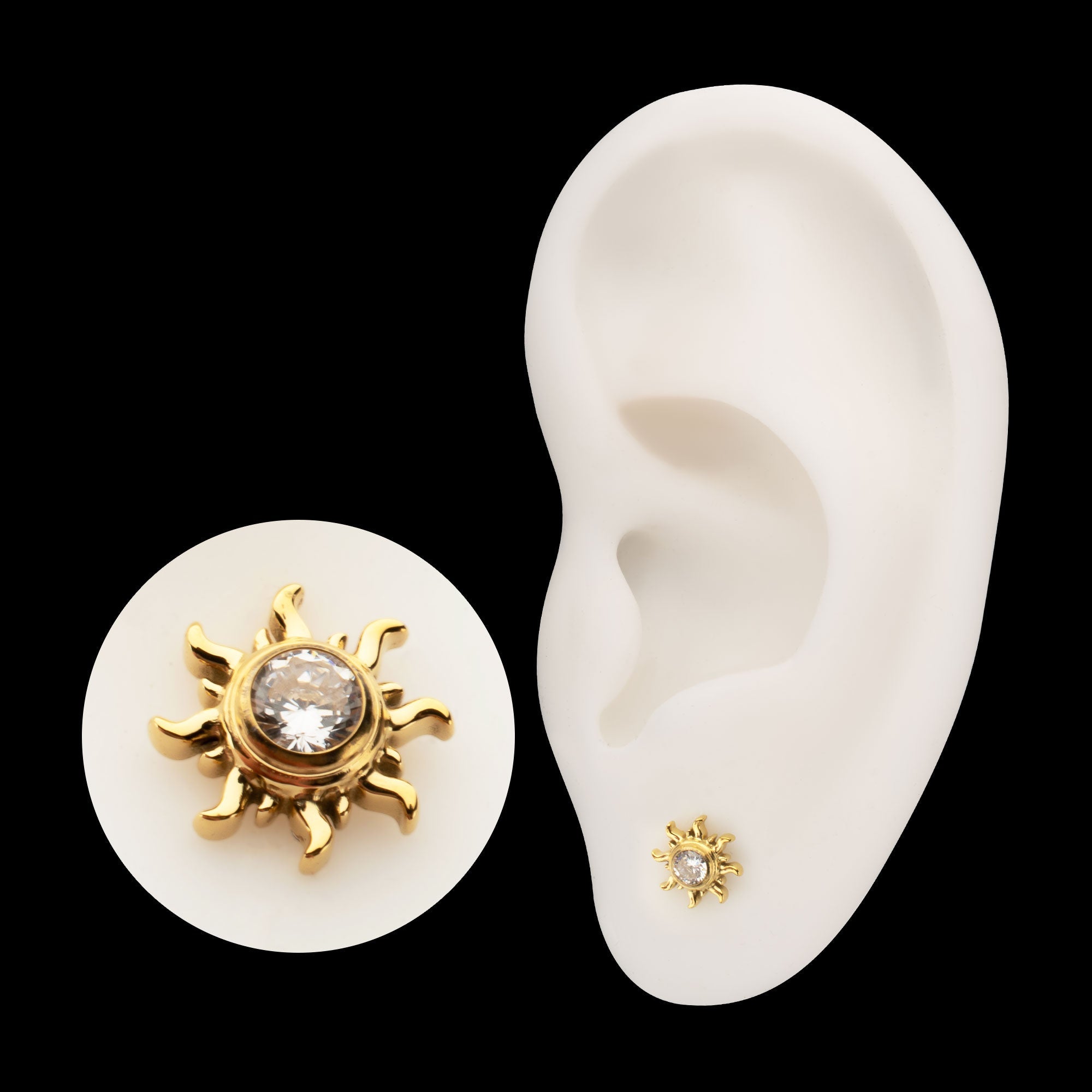 Sunburst Bezel Gem Threadless Earring / Nosering – 24Kt Gold PVD Titanium