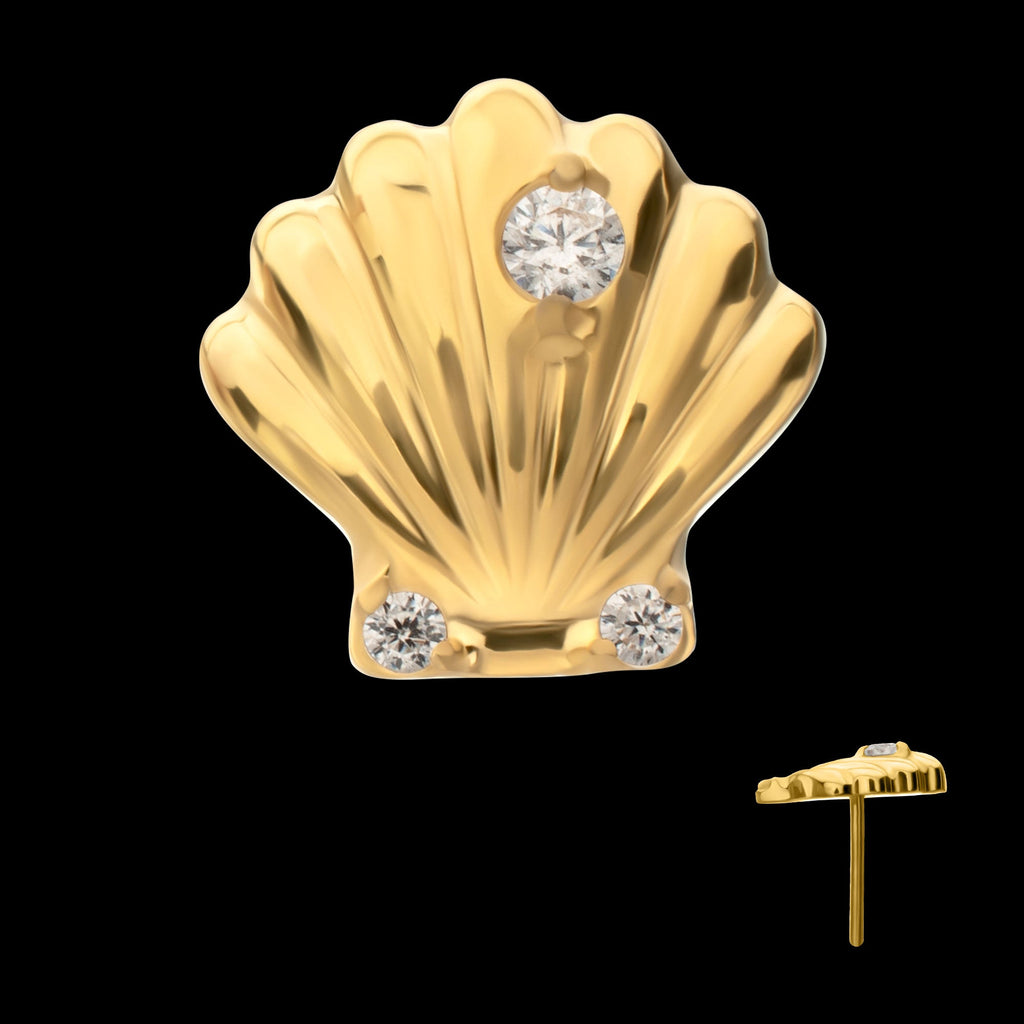 Low-Profile 3D Shell with Prong-Set Gem Threadless Earring / Nosering – 24Kt Gold PVD Titanium