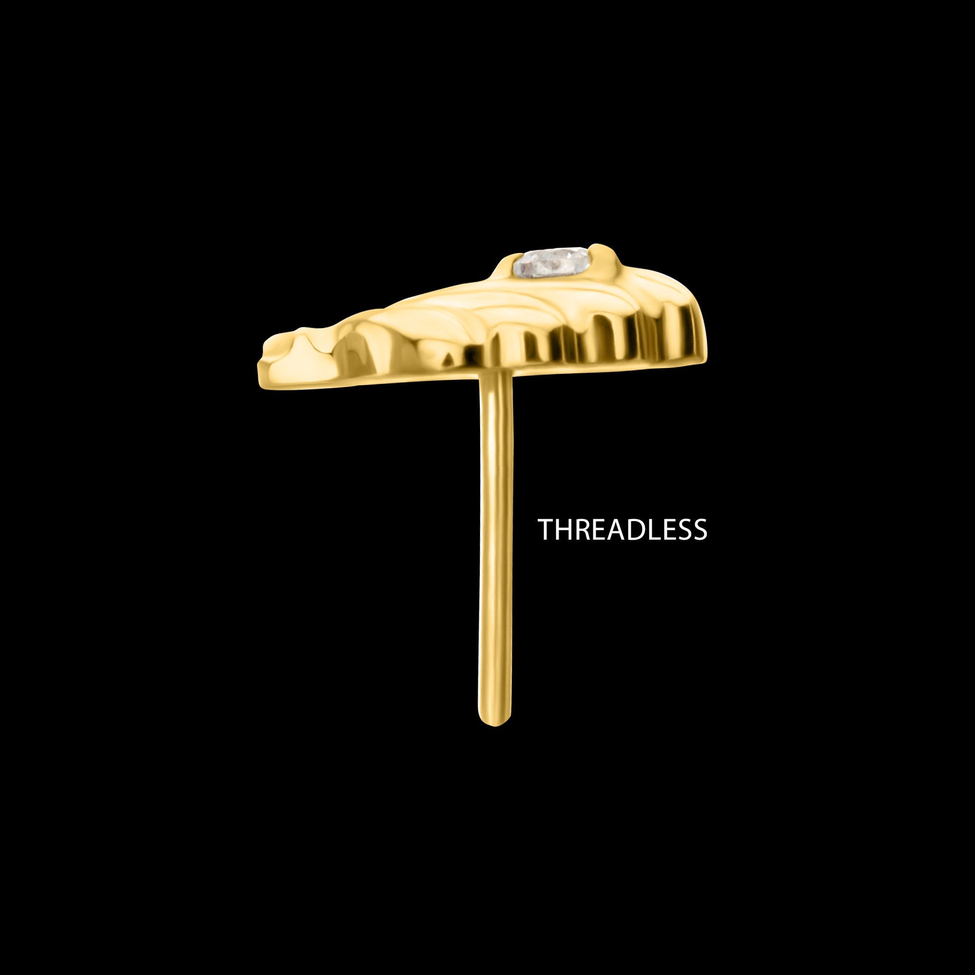 Low-Profile 3D Shell with Prong-Set Gem Threadless Earring / Nosering – 24Kt Gold PVD Titanium