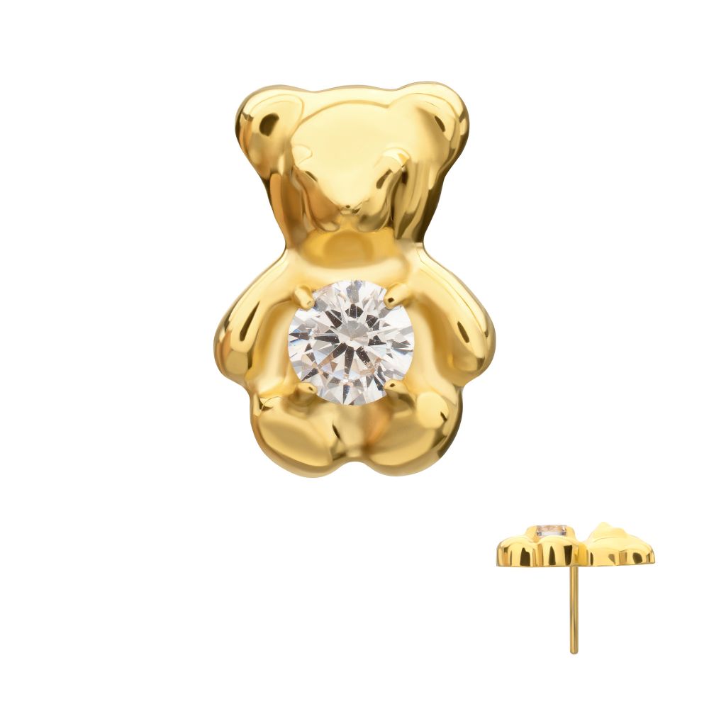 Prong-Set Gem Teddy Bear Threadless Earring / Nosering – 24Kt Gold PVD Titanium