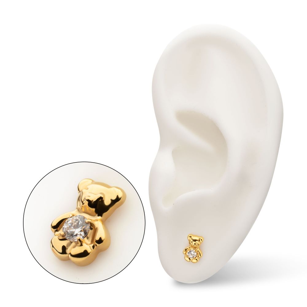Prong-Set Gem Teddy Bear Threadless Earring / Nosering – 24Kt Gold PVD Titanium