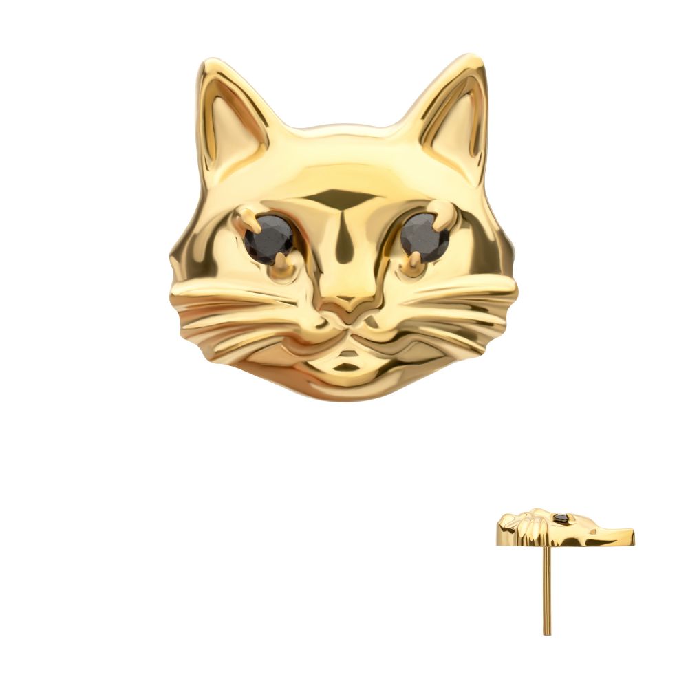 Midnight Cat with Black Gem Eyes Threadless Earring / Nosering Top – Black Gem & 24Kt Gold PVD Titanium
