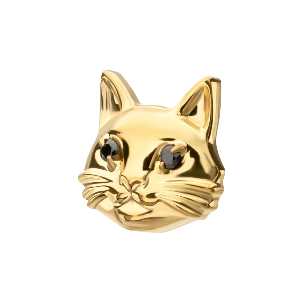 Midnight Cat with Black Gem Eyes Threadless Earring / Nosering Top – Black Gem & 24Kt Gold PVD Titanium