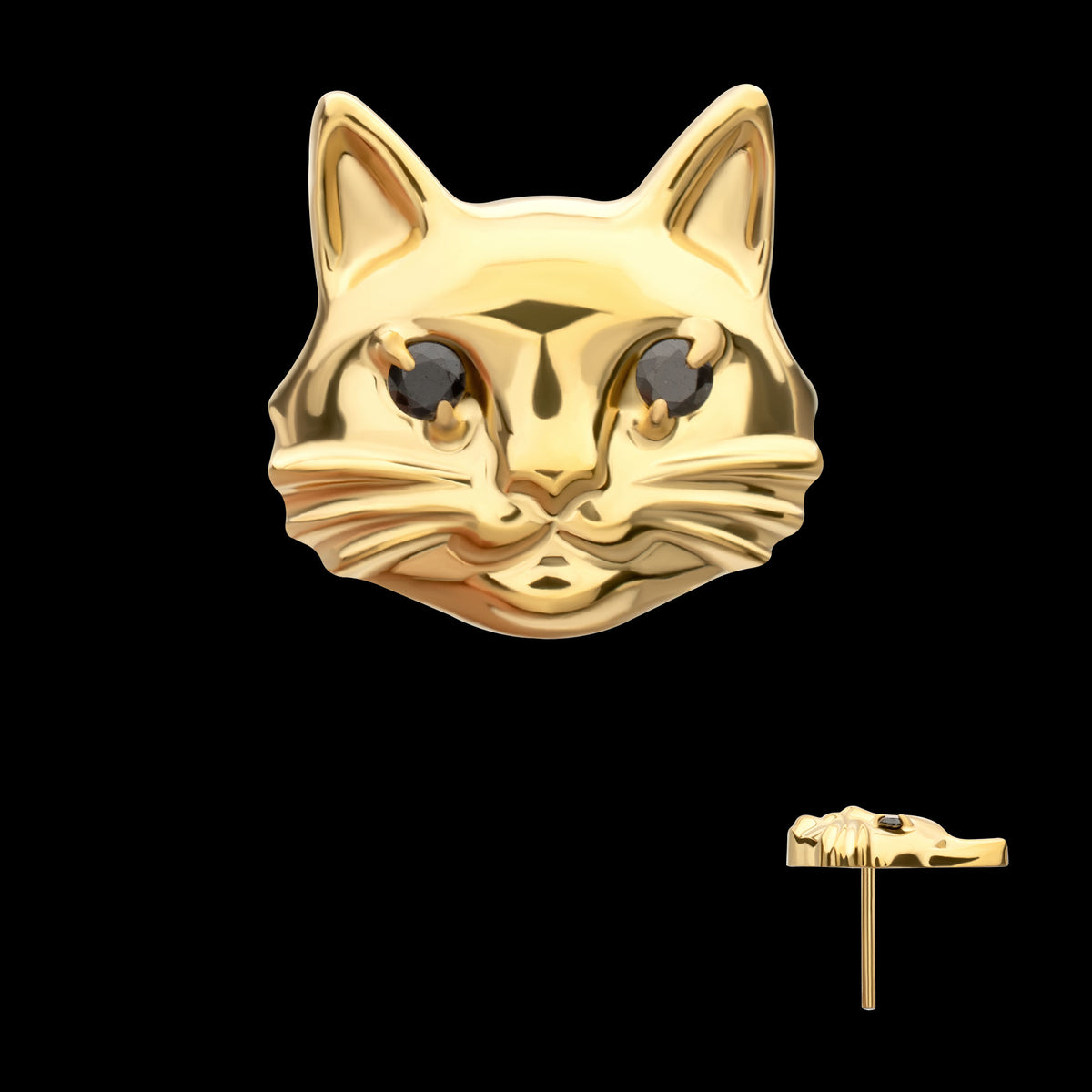 Midnight Cat with Black Gem Eyes Threadless Earring / Nosering Top – Black Gem & 24Kt Gold PVD Titanium