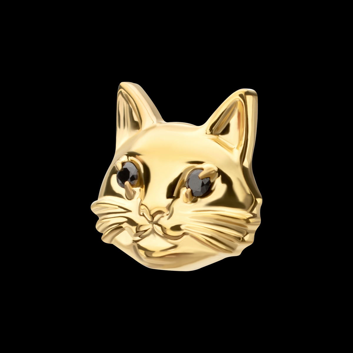Midnight Cat with Black Gem Eyes Threadless Earring / Nosering Top – Black Gem & 24Kt Gold PVD Titanium