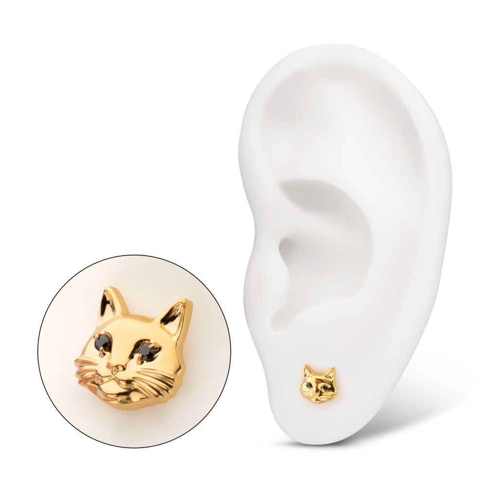 Midnight Cat with Black Gem Eyes Threadless Earring / Nosering Top – Black Gem & 24Kt Gold PVD Titanium