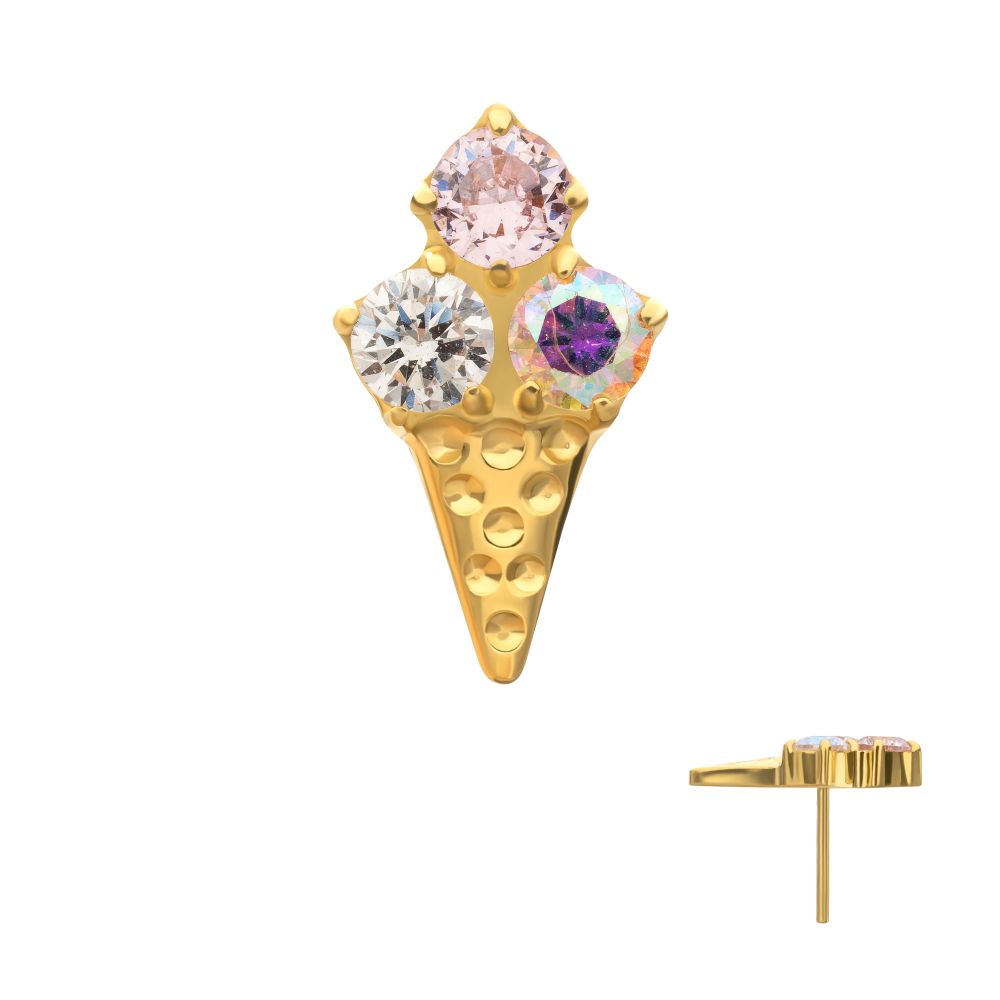 Prong-Set Multi-Gem Ice Cream with Cone Threadless Earring / Nosering – 24Kt Gold PVD Titanium