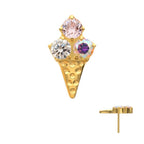 Prong-Set Multi-Gem Ice Cream with Cone Threadless Earring / Nosering – 24Kt Gold PVD Titanium