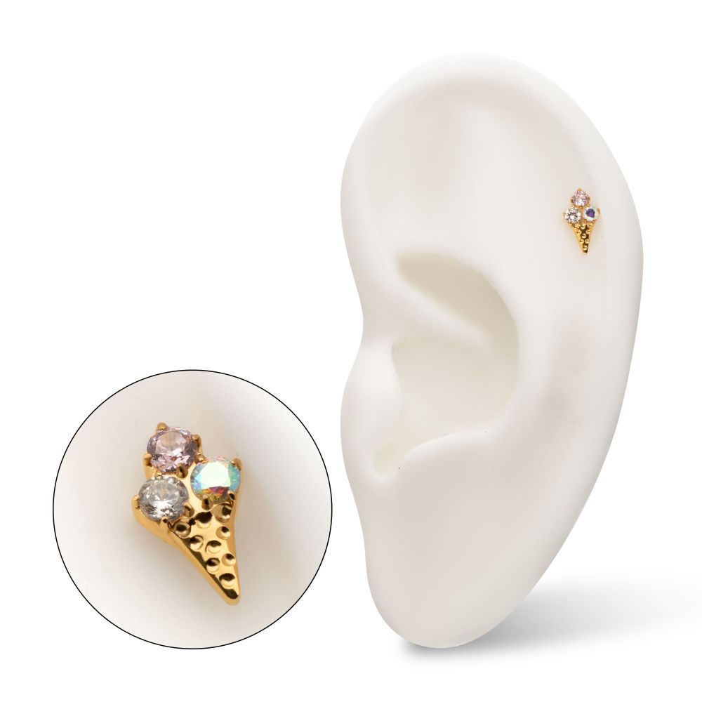 Prong-Set Multi-Gem Ice Cream with Cone Threadless Earring / Nosering – 24Kt Gold PVD Titanium