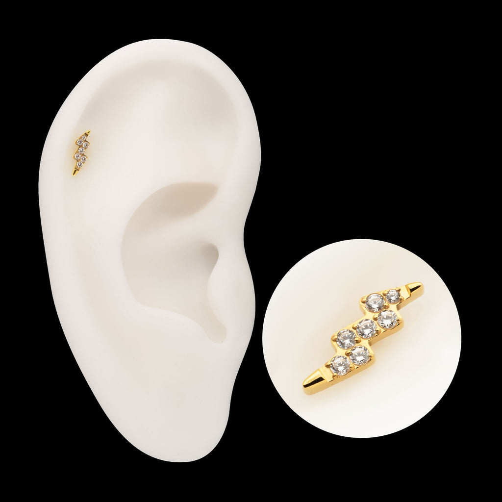 Lightning Bolt Prong-Set Gem Threadless Earring / Nosering – 24Kt Gold PVD Titanium