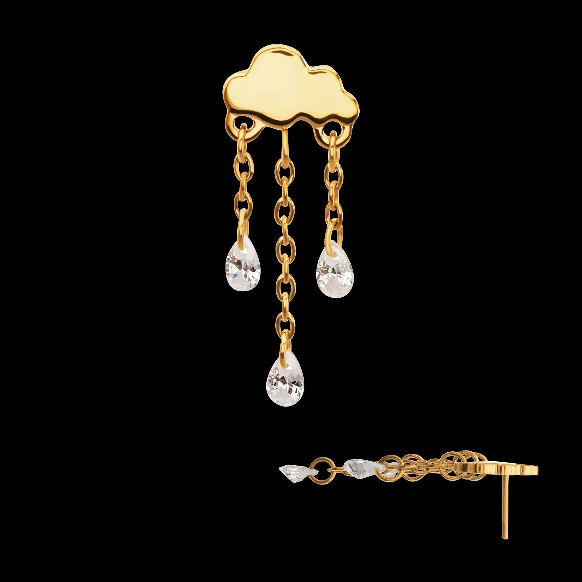 Cloud Triple Floating CZ Dangle Threadless Earring / Nosering – 24Kt Gold PVD Titanium
