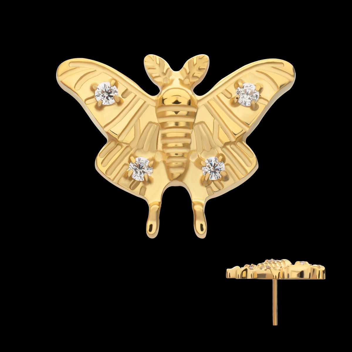 Luna Moth Threadless Earring / Nosering Top – Gem & 24Kt Gold PVD Titanium