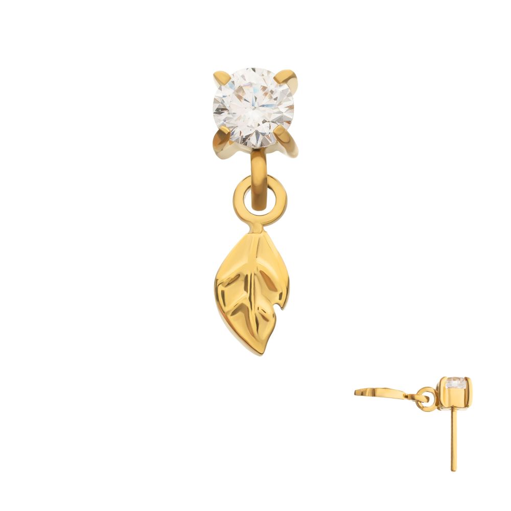 4-Prong-Set Gem with Leaf Dangle Threadless Earring / Nosering – 24Kt Gold PVD Titanium