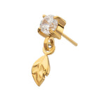 4-Prong-Set Gem with Leaf Dangle Threadless Earring / Nosering – 24Kt Gold PVD Titanium