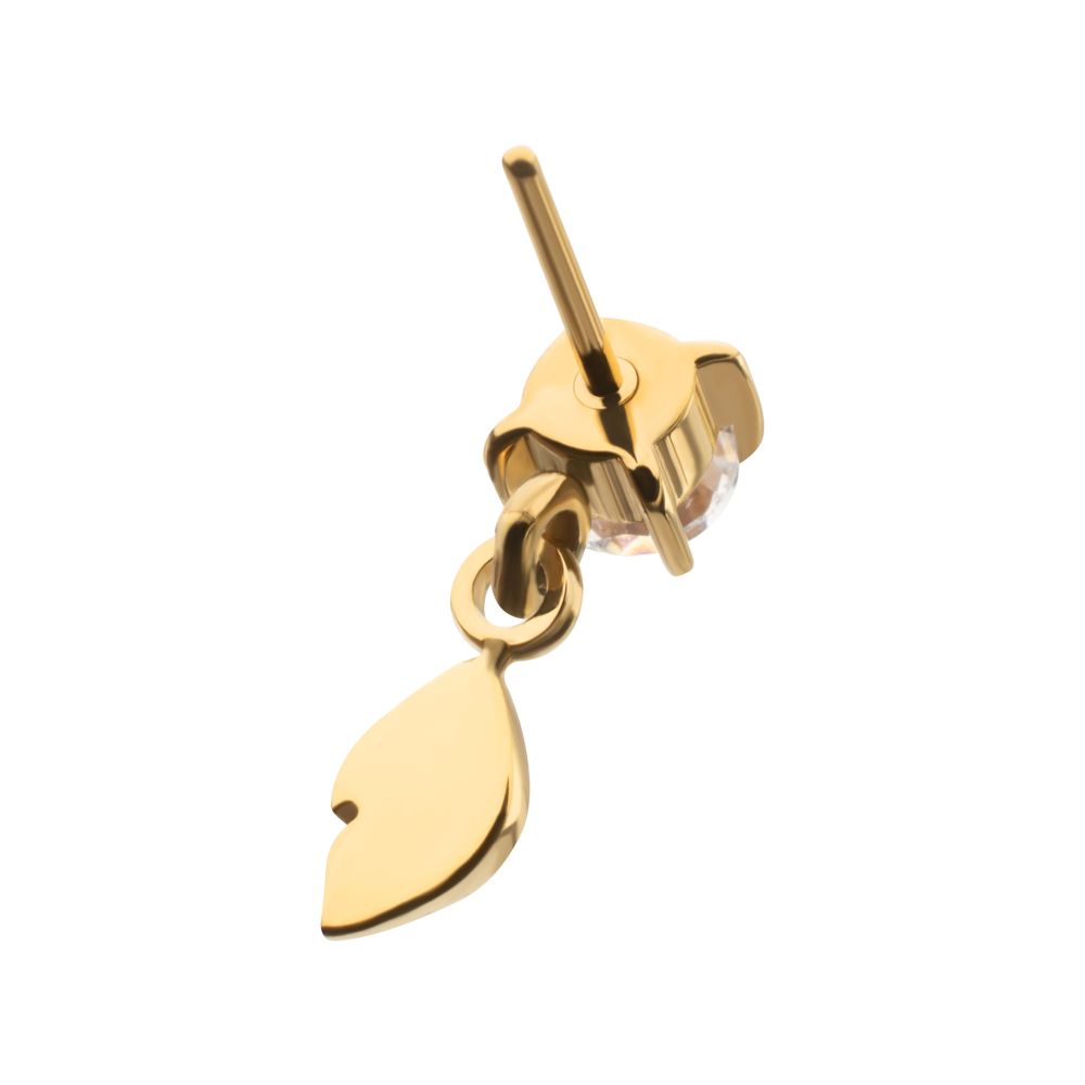 4-Prong-Set Gem with Leaf Dangle Threadless Earring / Nosering – 24Kt Gold PVD Titanium