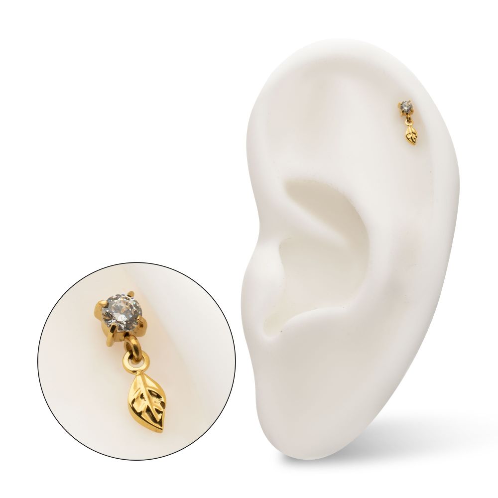 4-Prong-Set Gem with Leaf Dangle Threadless Earring / Nosering – 24Kt Gold PVD Titanium