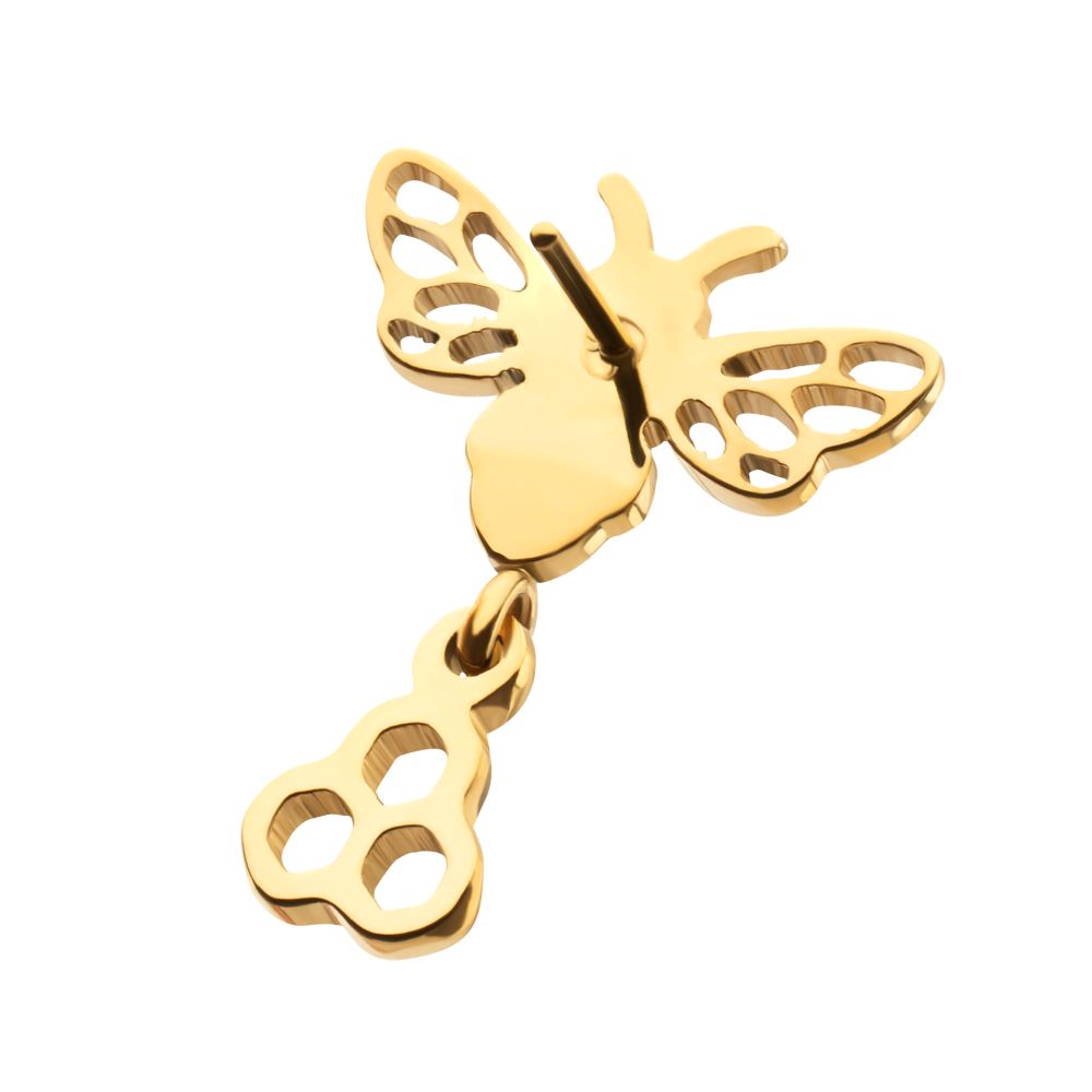 Prong-Set Black Gem Bee with Honeycomb Dangle Threadless Earring / Nosering – 24Kt Gold PVD Titanium