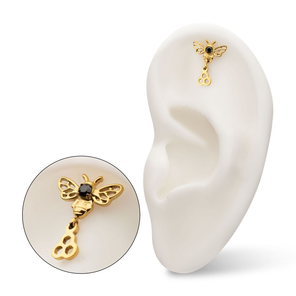Prong-Set Black Gem Bee with Honeycomb Dangle Threadless Earring / Nosering – 24Kt Gold PVD Titanium
