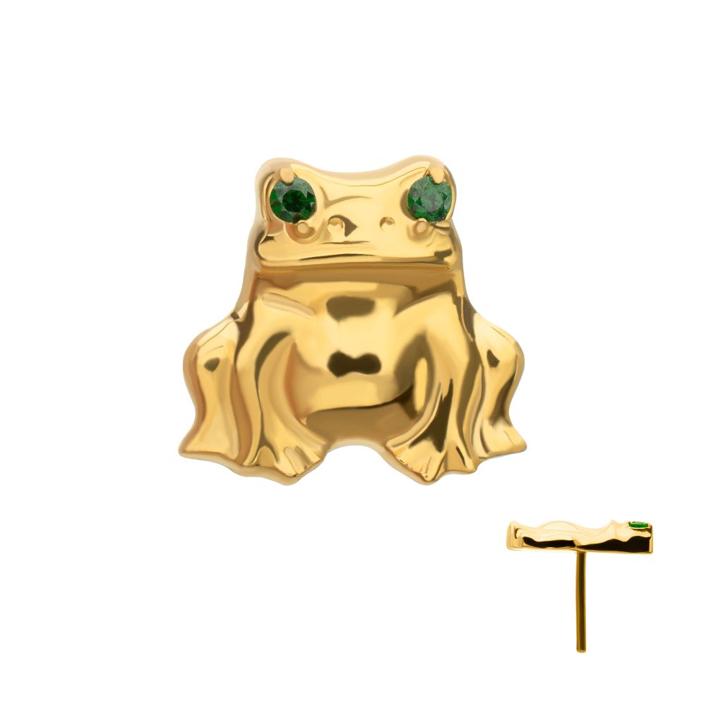 Prong-Set Emerald Green Gem Frog Threadless Earring / Nosering – 24Kt Gold PVD Titanium