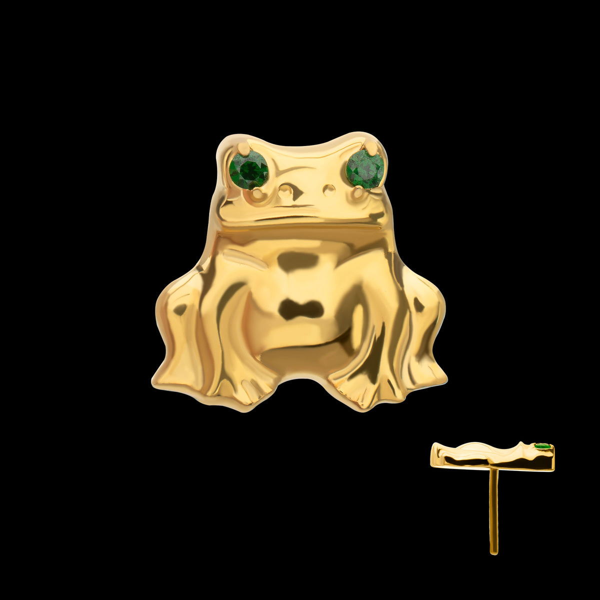 Prong-Set Emerald Green Gem Frog Threadless Earring / Nosering – 24Kt Gold PVD Titanium
