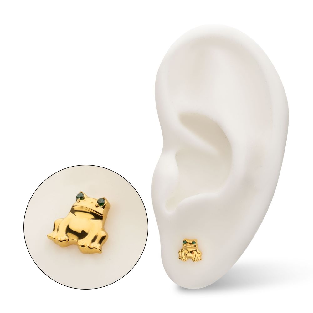 Prong-Set Emerald Green Gem Frog Threadless Earring / Nosering – 24Kt Gold PVD Titanium