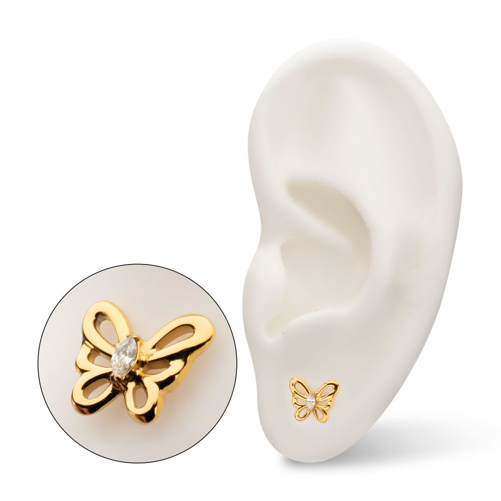 Marquise Gem Cut Out Flutter Butterfly Threadless Earring / Nosering Top – 24Kt Gold PVD Titanium
