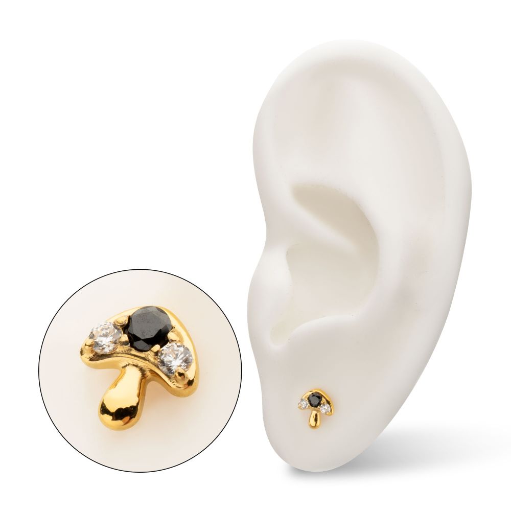 Prong-Set Triple Gem Mushroom Threadless Earring / Nosering – 24Kt Gold PVD Titanium