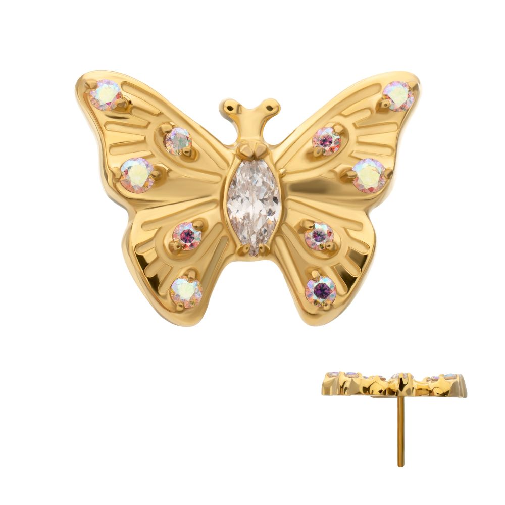 Prong-Set Gem Multi-Gem Butterfly Threadless Earring / Nosering – 24Kt Gold PVD Titanium