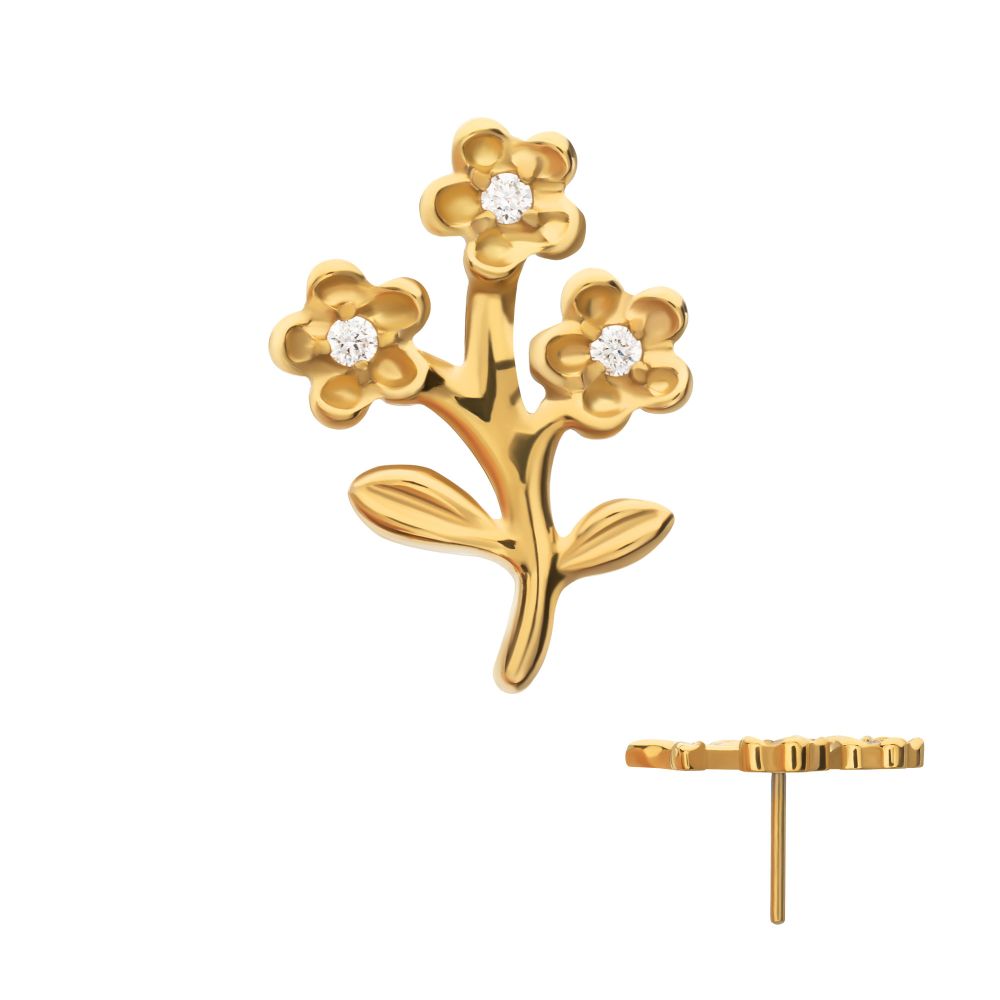 Prong-Set Gem Triple Flower & Stem Threadless Earring / Nosering – 24Kt Gold PVD Titanium