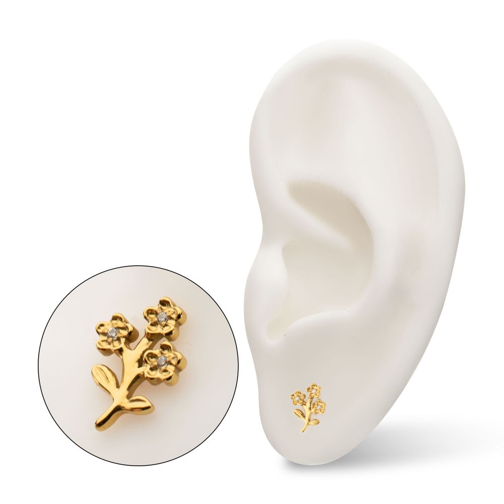 Prong-Set Gem Triple Flower & Stem Threadless Earring / Nosering – 24Kt Gold PVD Titanium