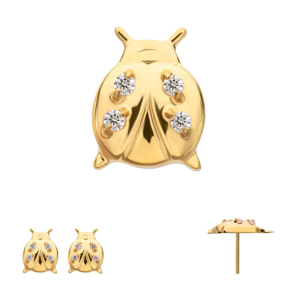 Lucky Ladybug Threadless Earring / Nosering Top – Gem & 24Kt Gold PVD Titanium