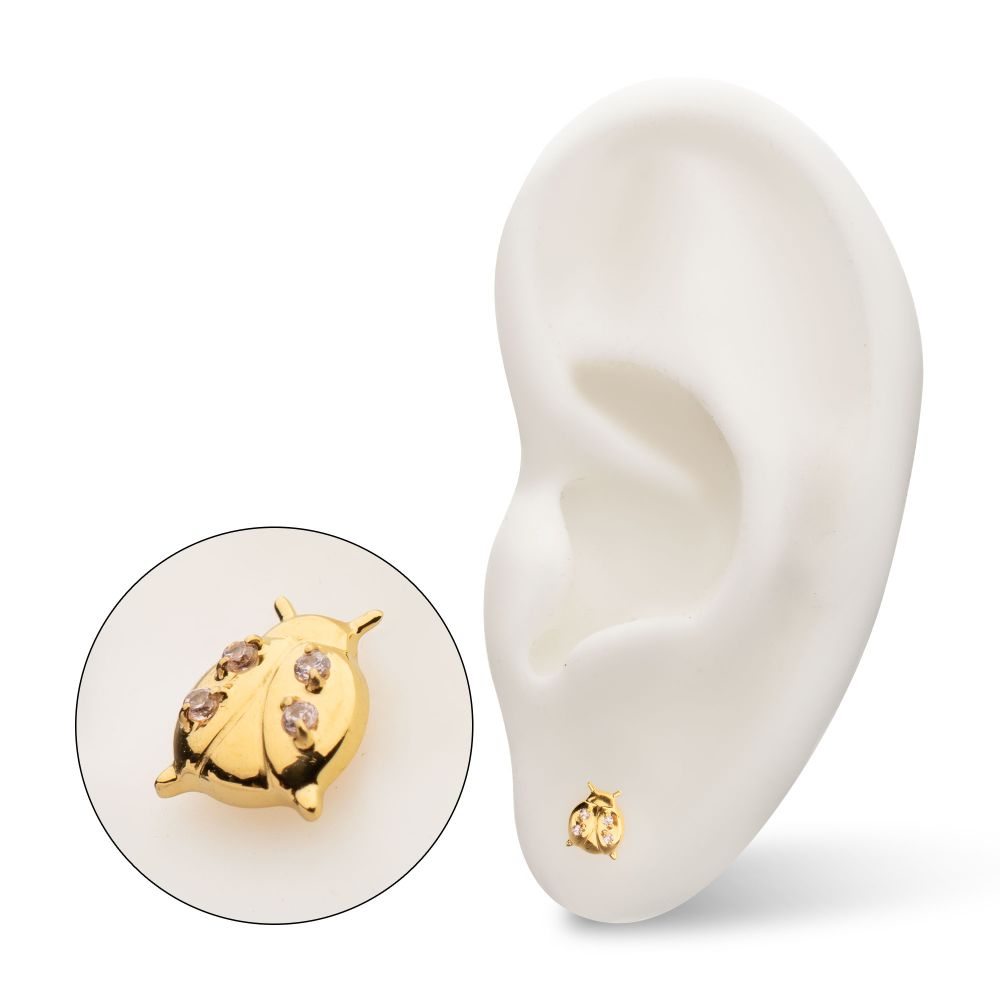 Lucky Ladybug Threadless Earring / Nosering Top – Gem & 24Kt Gold PVD Titanium
