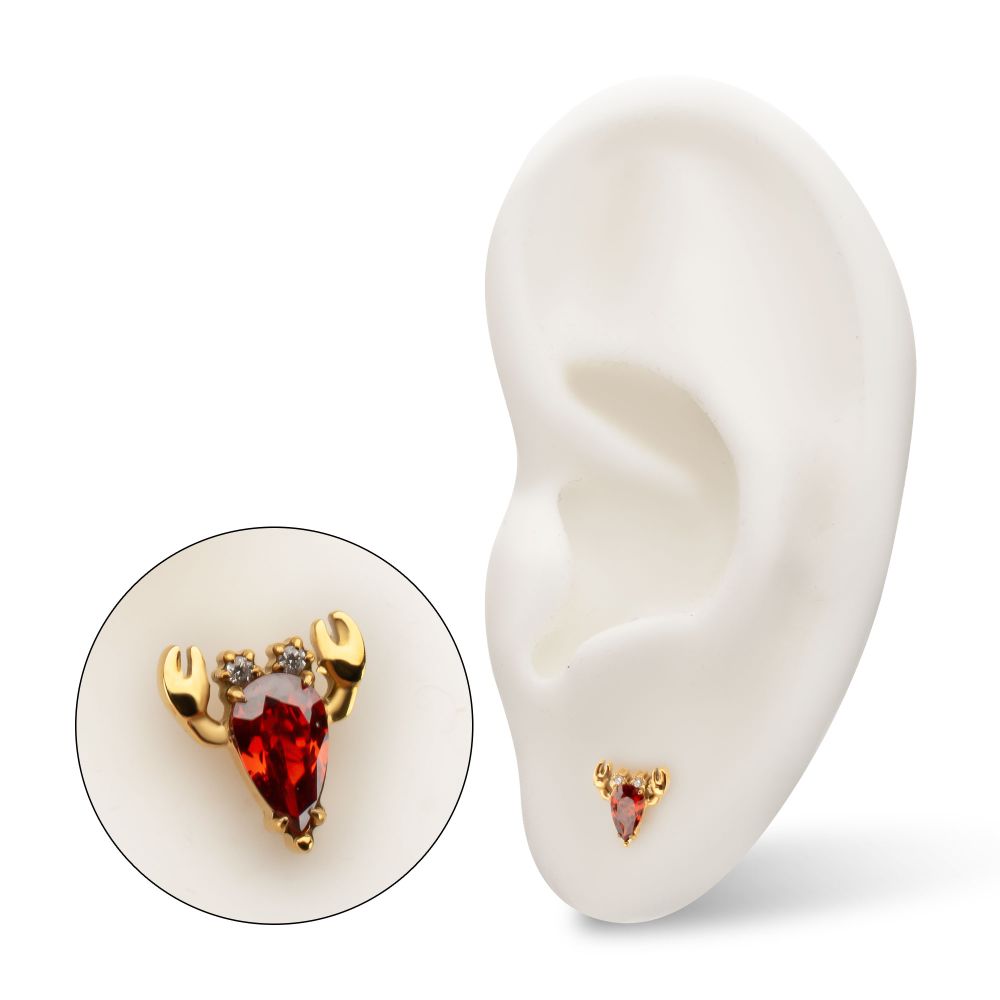 Prong-Set Gem Lobster Threadless Earring / Nosering – 24Kt Gold PVD Titanium