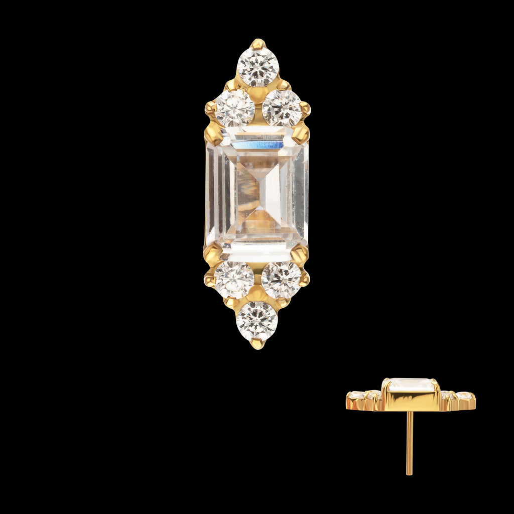 Hexagon Prong Set Round & Baguette Gem Threadless Top Earring / Nosering – 24kt Gold PVD Titanium