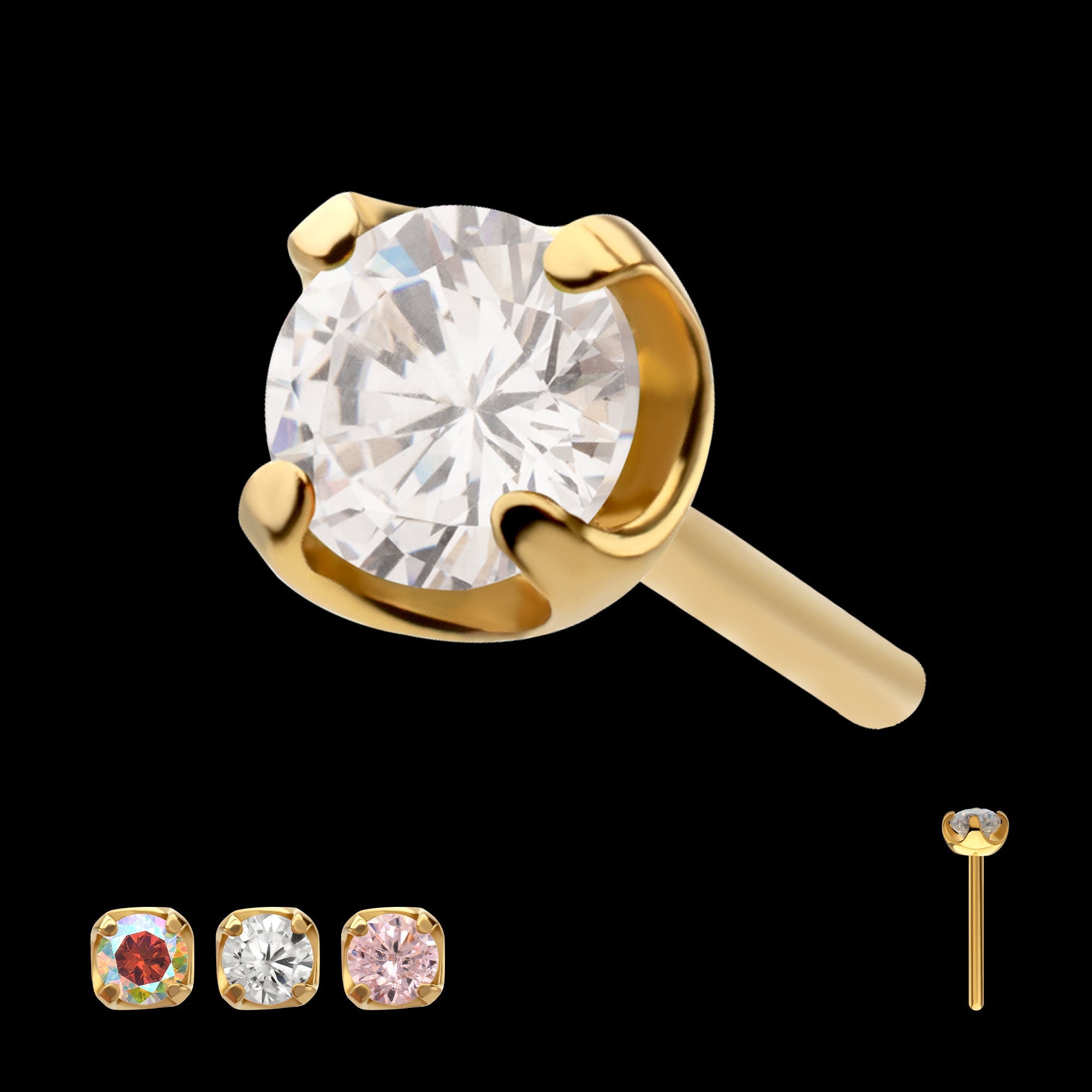 4-Prong Round Gem Flat-Base Low-Profile Threadless Earring / Nosering – 24Kt Gold PVD Titanium