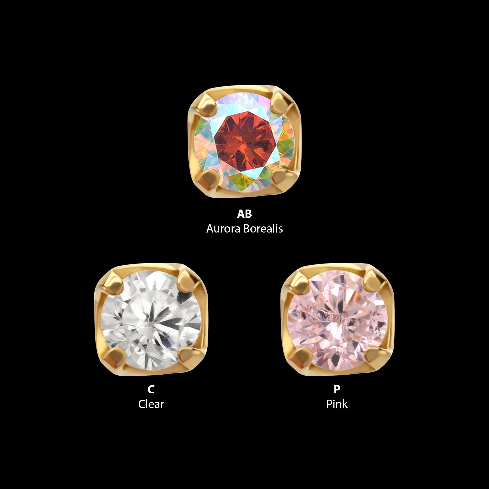 4-Prong Round Gem Flat-Base Low-Profile Threadless Earring / Nosering – 24Kt Gold PVD Titanium