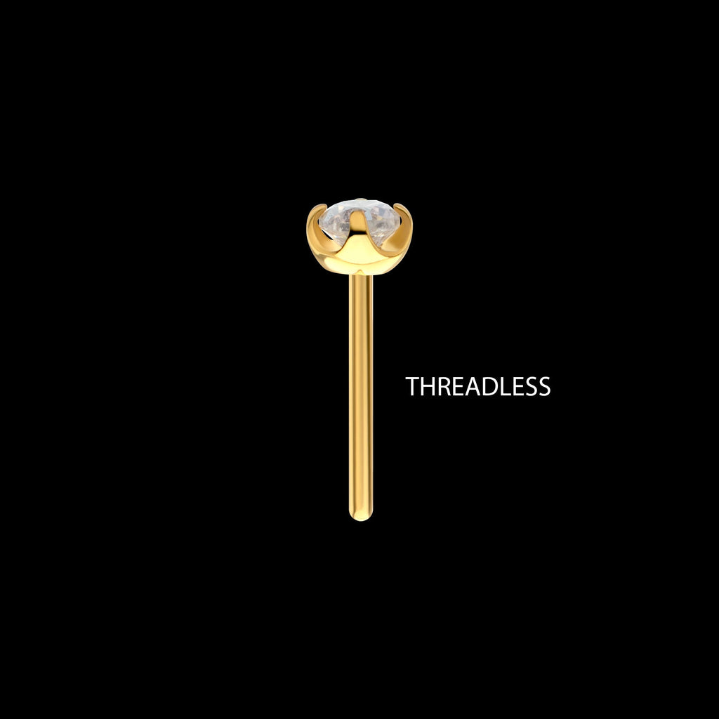 4-Prong Round Gem Flat-Base Low-Profile Threadless Earring / Nosering – 24Kt Gold PVD Titanium