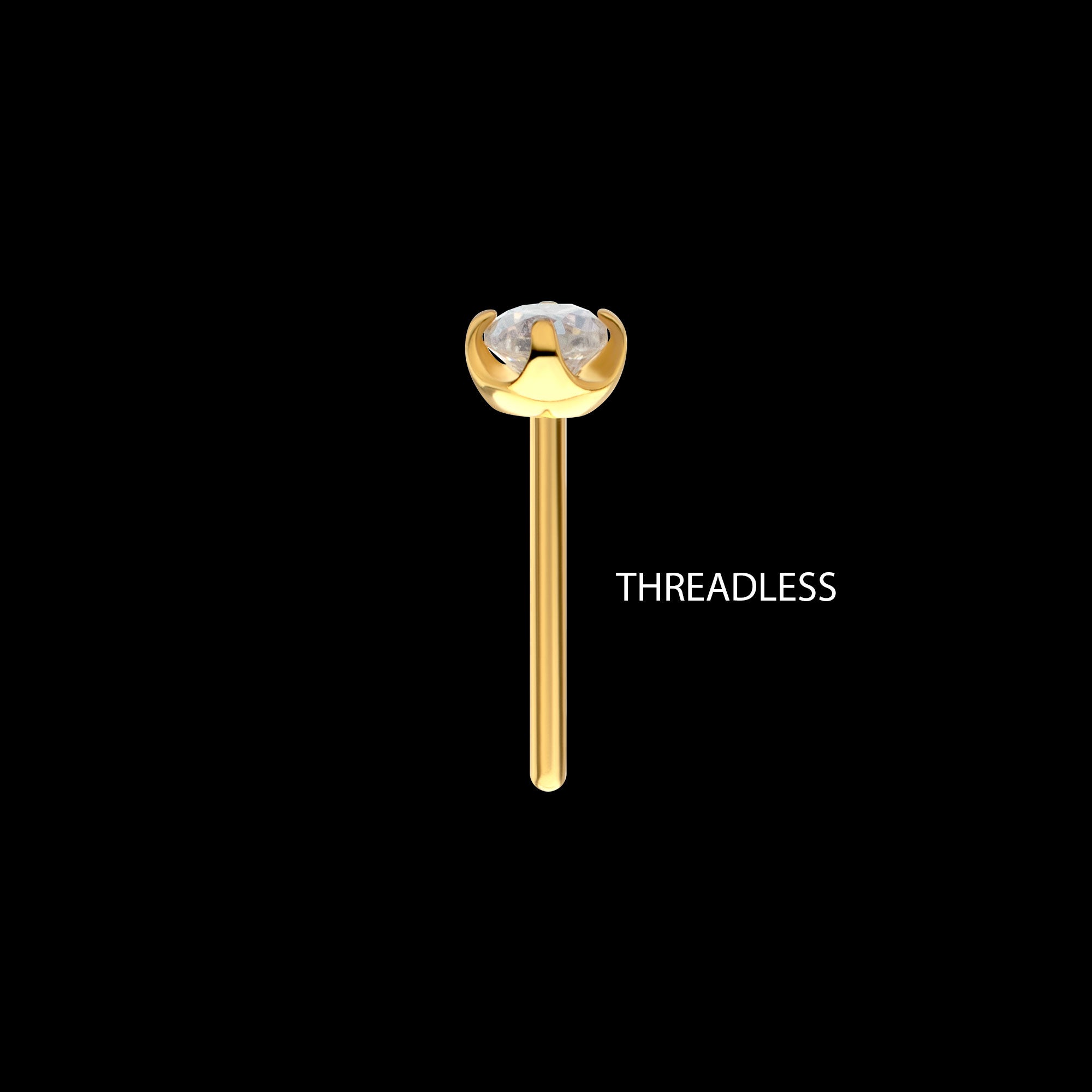 4-Prong Round Gem Flat-Base Low-Profile Threadless Earring / Nosering – 24Kt Gold PVD Titanium