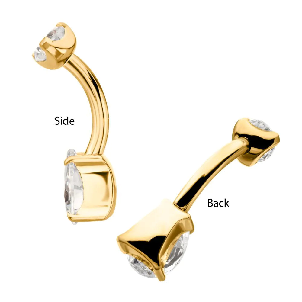 Double Teardrop 4-Prong Gem Fixed Bottom Navel Jewelry / Belly Button Ring – 24Kt Gold PVD Titanium