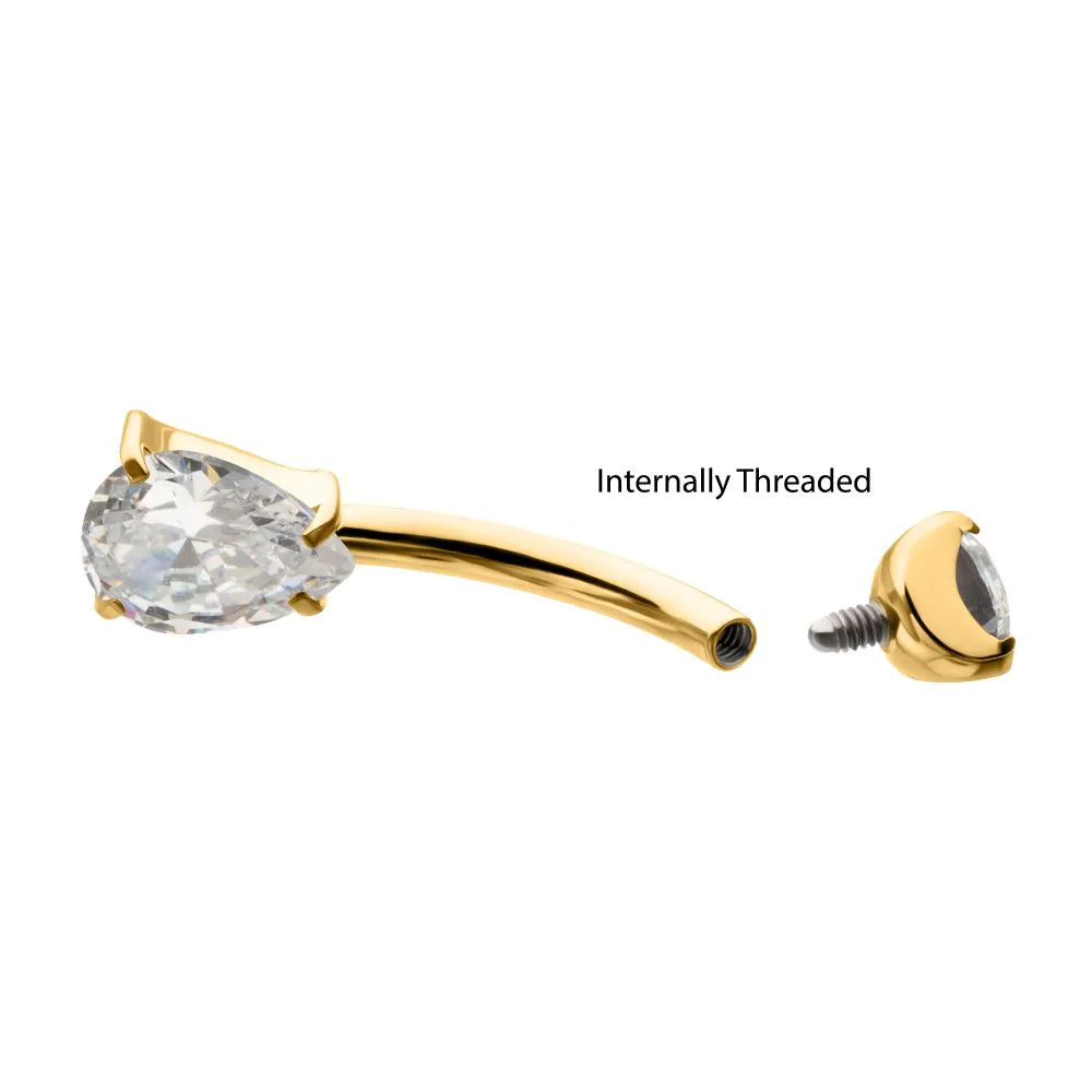 Double Teardrop 4-Prong Gem Fixed Bottom Navel Jewelry / Belly Button Ring – 24Kt Gold PVD Titanium