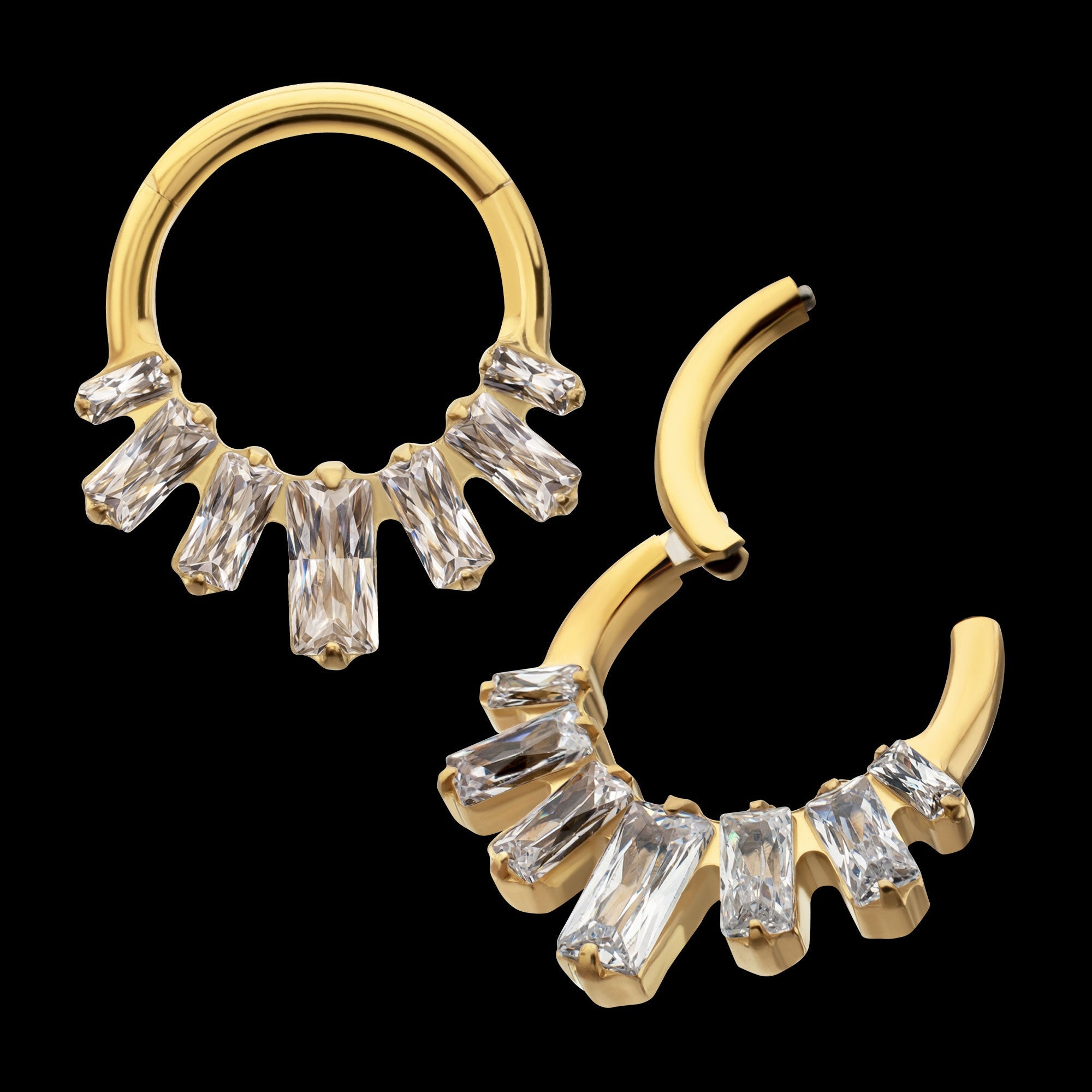 7-Baguette Prong-Set Gem Fan Front-Facing Hinged Segment Clicker Hoop Earring / Nosering – 24Kt Gold PVD Titanium
