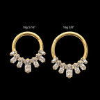 7-Baguette Prong-Set Gem Fan Front-Facing Hinged Segment Clicker Hoop Earring / Nosering – 24Kt Gold PVD Titanium