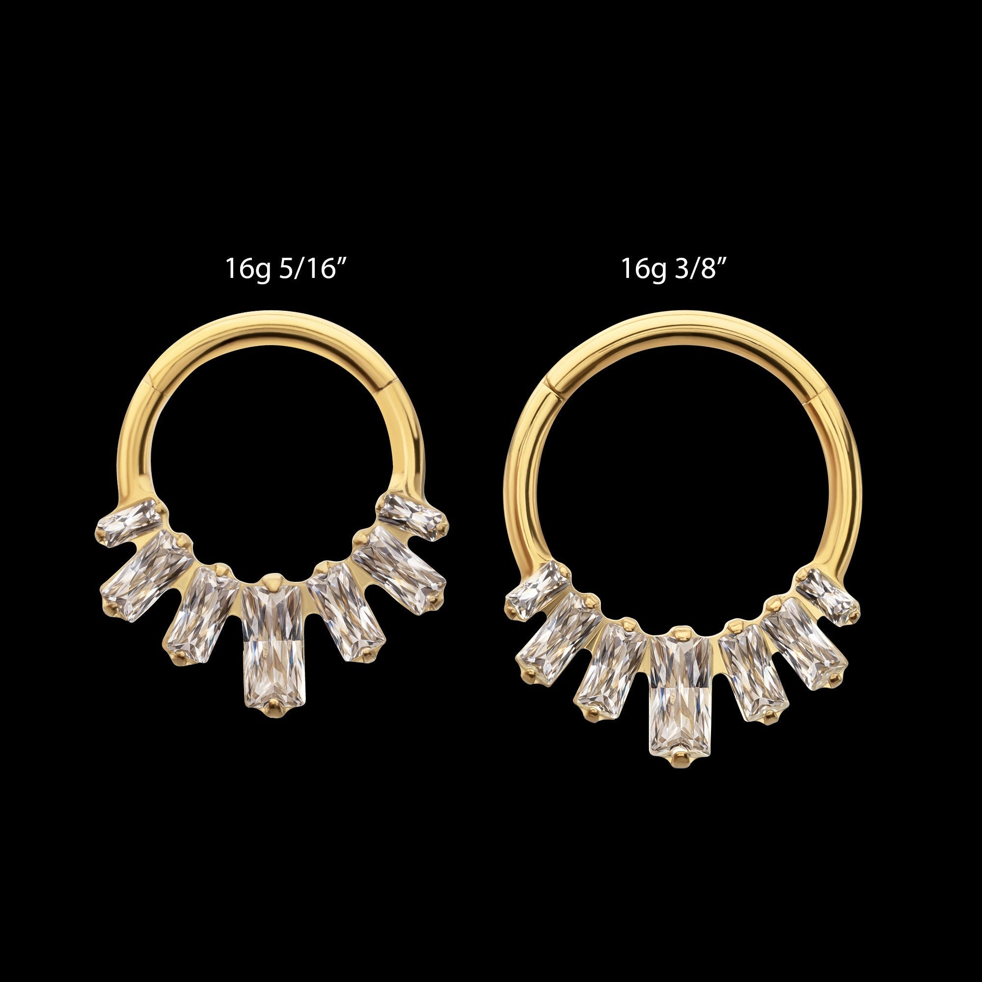 7-Baguette Prong-Set Gem Fan Front-Facing Hinged Segment Clicker Hoop Earring / Nosering – 24Kt Gold PVD Titanium