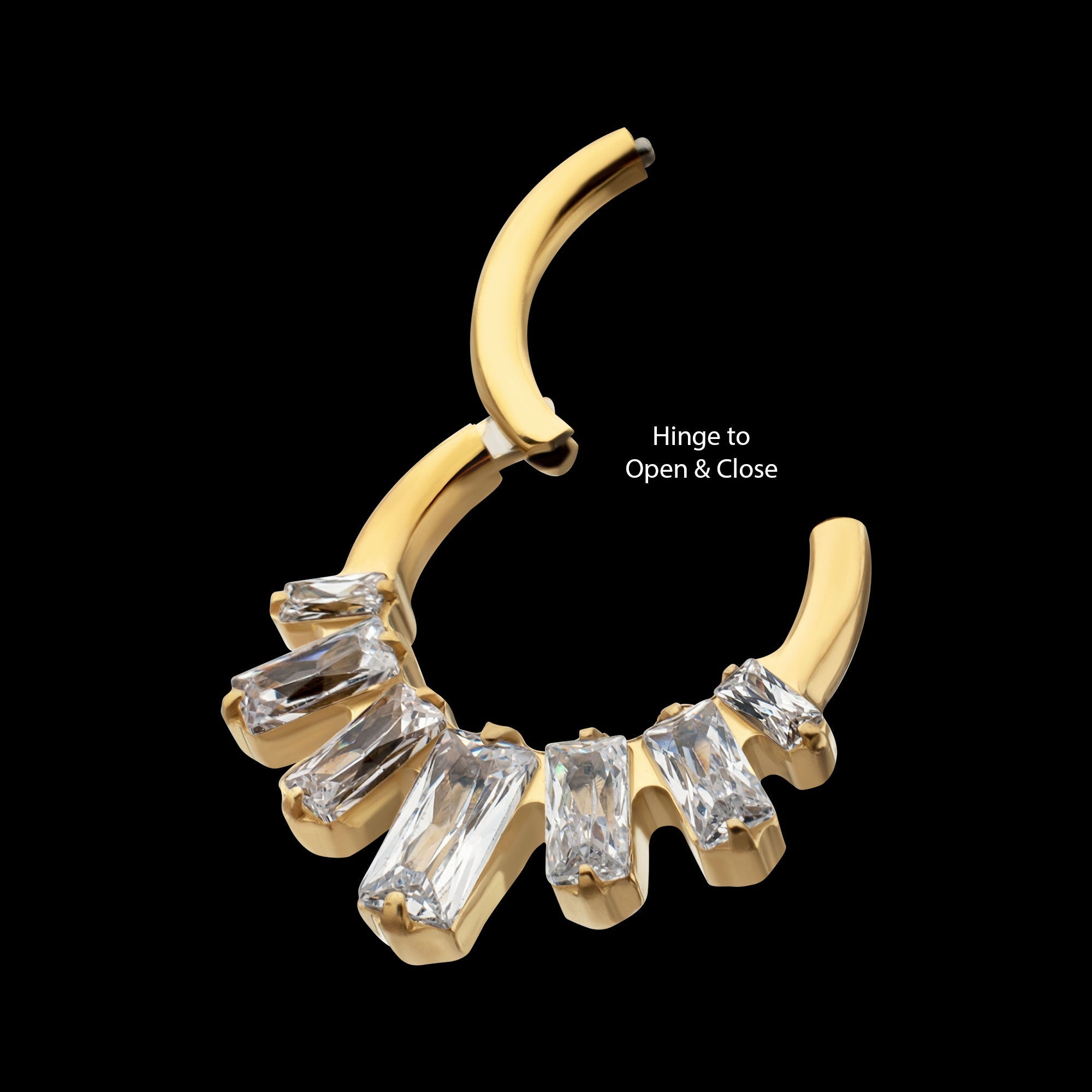 7-Baguette Prong-Set Gem Fan Front-Facing Hinged Segment Clicker Hoop Earring / Nosering – 24Kt Gold PVD Titanium