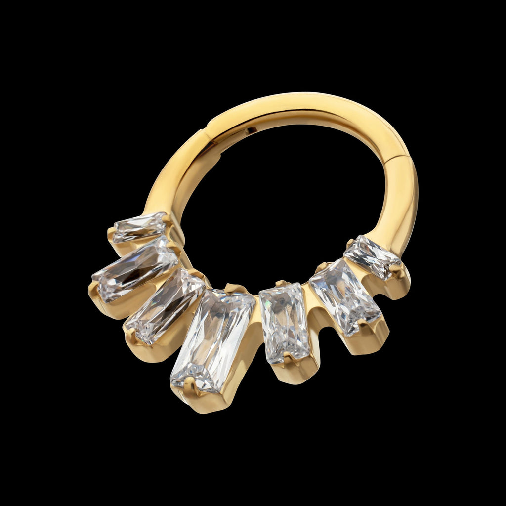 7-Baguette Prong-Set Gem Fan Front-Facing Hinged Segment Clicker Hoop Earring / Nosering – 24Kt Gold PVD Titanium