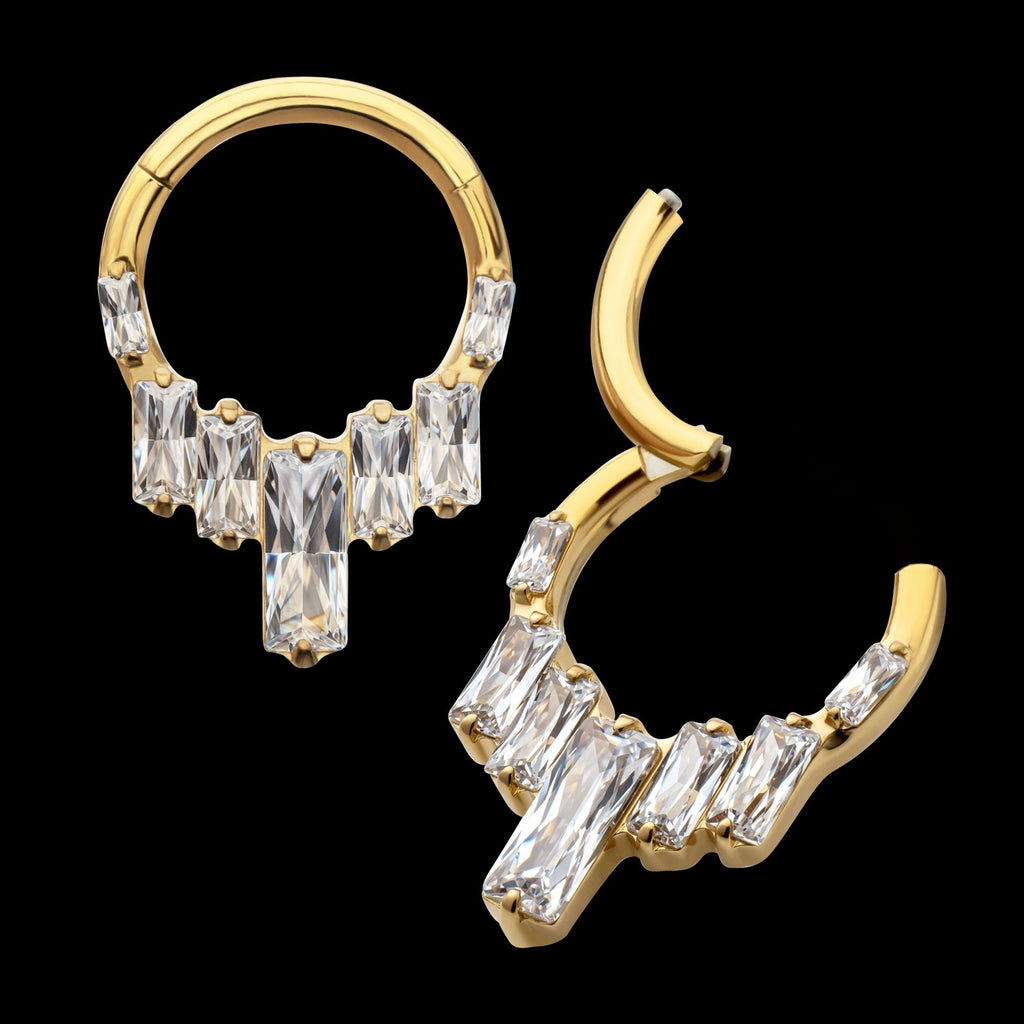 7-Baguette Prong-Set Gem Cluster Front-Facing Hinged Segment Clicker Hoop Earring / Nosering – 24Kt Gold PVD Titanium